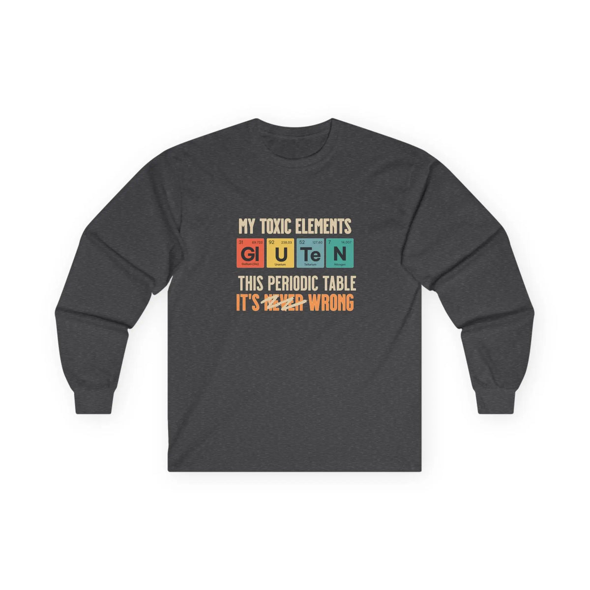 Sudadera gris carbón con el gráfico de la tabla periódica «Mis elementos tóxicos» visto desde el frente.