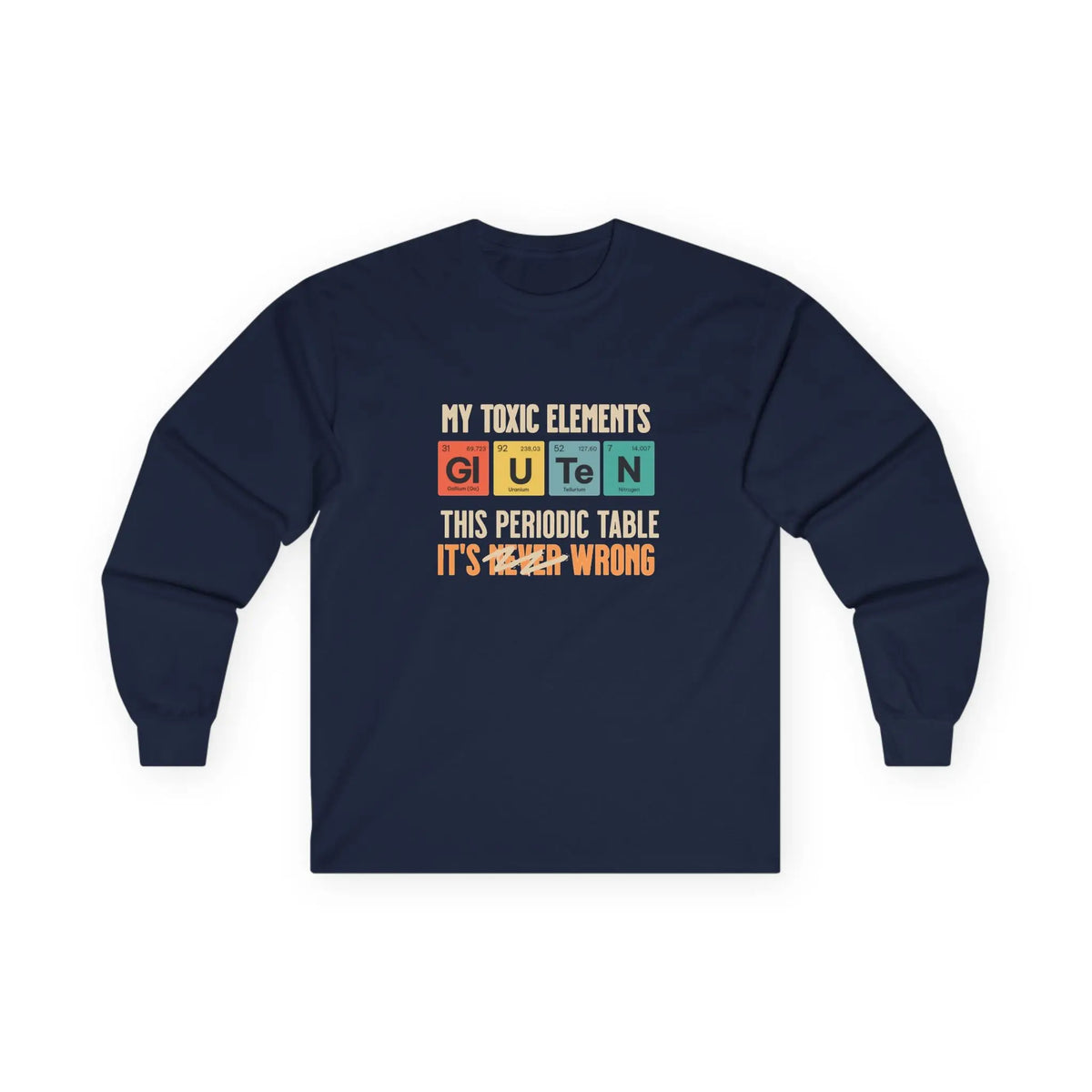 Sudadera azul marino con el gráfico de la tabla periódica Mis elementos tóxicos vista frontal.