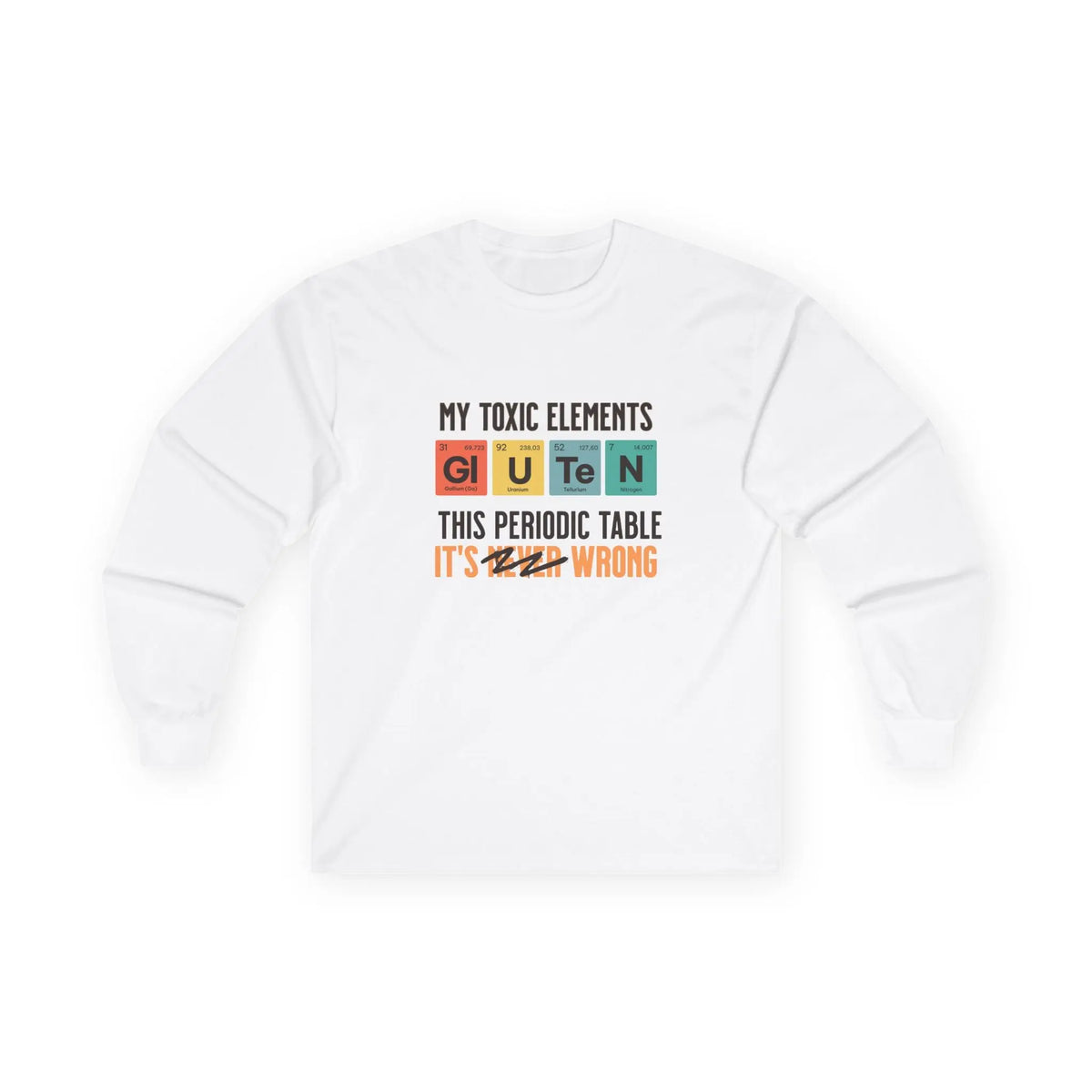 Sudadera blanca con el gráfico de la tabla periódica «Mis elementos tóxicos» visto desde el frente.