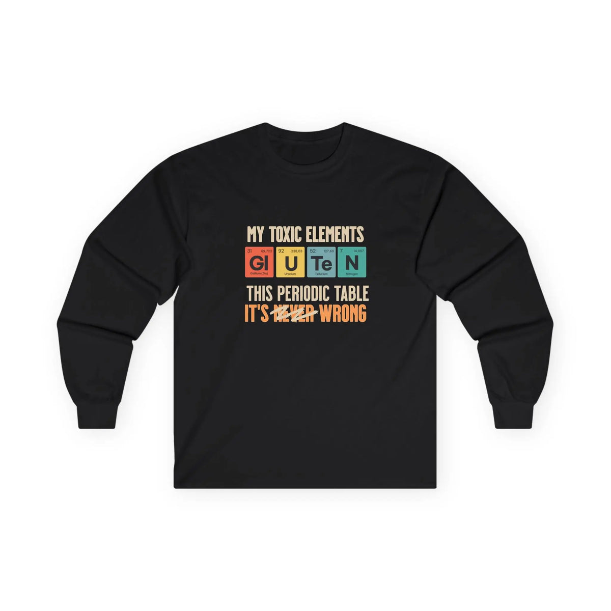 Sudadera negra con el gráfico de la tabla periódica «Mis elementos tóxicos» visto desde el frente.