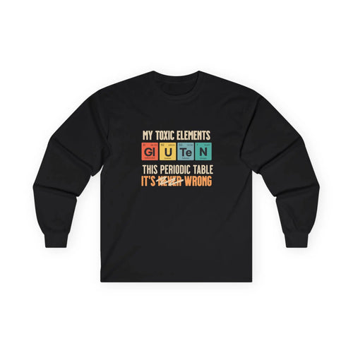 Sudadera negra con el gráfico de la tabla periódica «Mis elementos tóxicos» visto desde el frente.