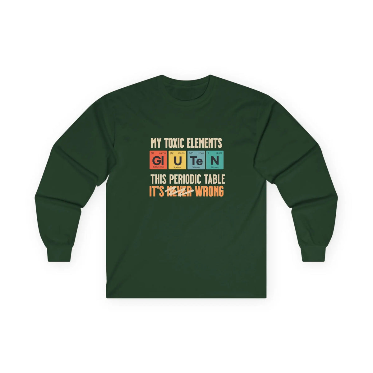 Sudadera verde con el gráfico de la tabla periódica «Mis elementos tóxicos» visto desde el frente.