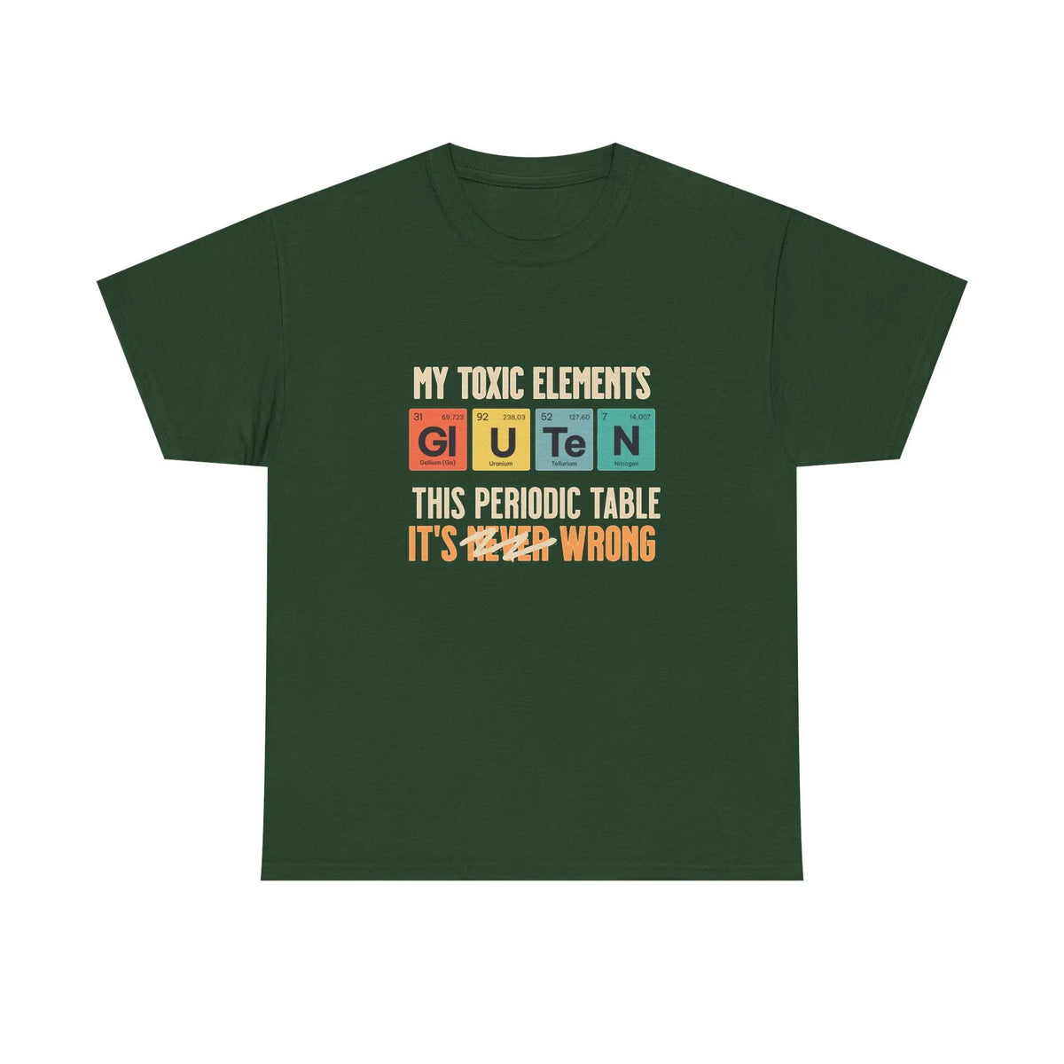 camiseta verde bosque con chiste para celiacos toxic elements gluten